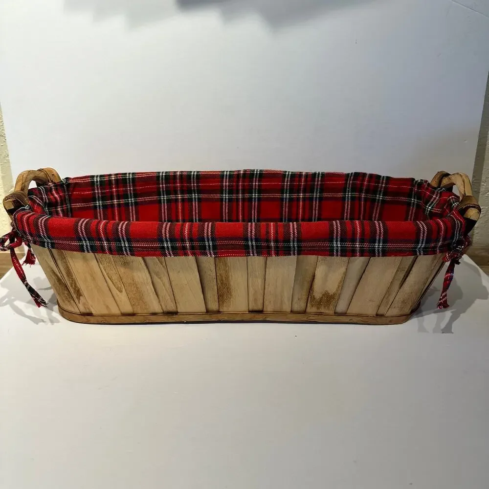 Large Oblong Red Plaid Fabric Lined Basket Gift Basket 22x8.5x7.5 Wooden Handles